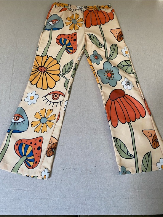 None Pants - Cream Floral & Mushroom Print Wide Leg Pants